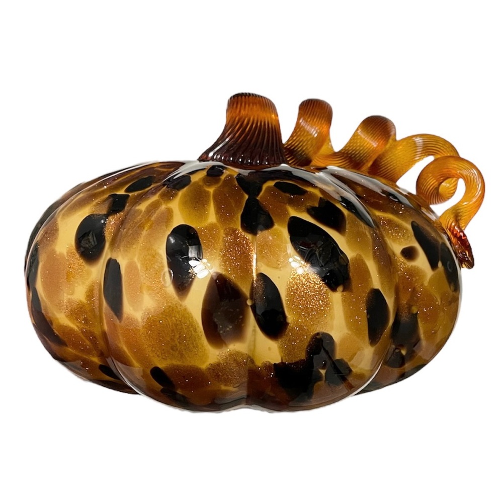 Beautiful Pumpkin Amber Ora Brown Gold Art Glass Hand Blown Gourd Coiled